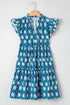 Blue Retro Floral Print Split Neck Ruffle Short Sleeve Dress